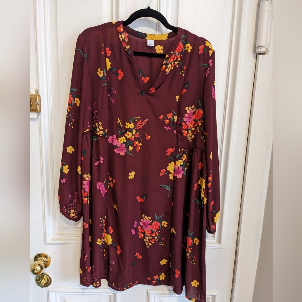 Old Navy Women’s Burgundy Maroon Floral Bohemian Midi Mid-Sleeve Dress Size L